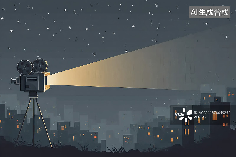 【AI数字艺术】夜晚，城市夜景为背景，一台放映机图片素材