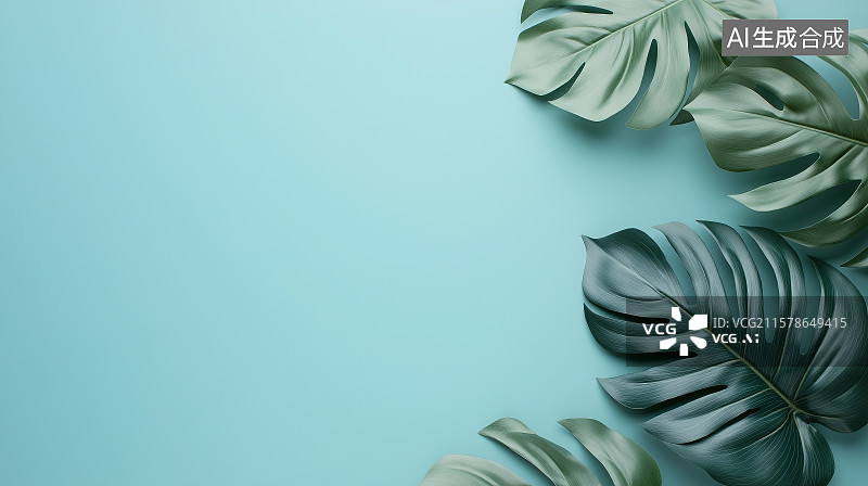 【AI数字艺术】浅蓝色背景上的龟背竹绿叶背景图片素材