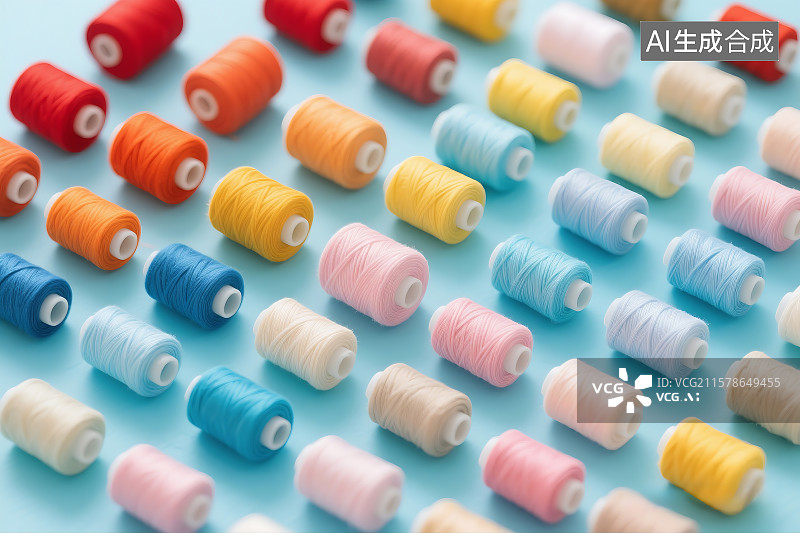 【AI数字艺术】色彩艳丽的缝纫线轴 多巴胺色 莫兰迪色 几何排列 彩虹 缝纫线 广告背景素材图片素材
