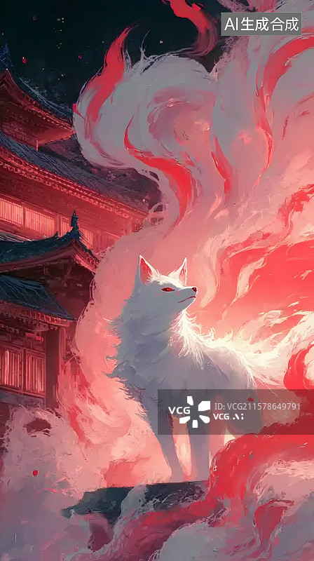 【AI数字艺术】红色的古代建筑，一只神兽九尾妖狐图片素材