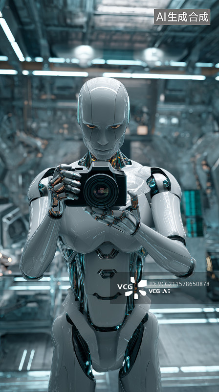 【AI数字艺术】未来实验室中操控设备的白色机器人图片素材