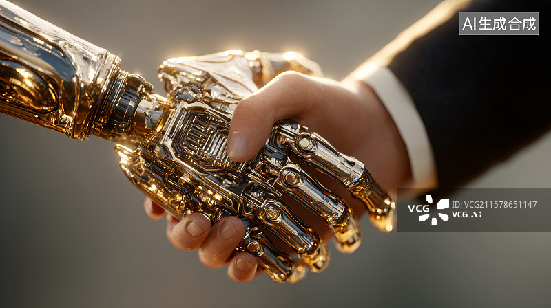 【AI数字艺术】人与机器人之间的金属握手图片素材