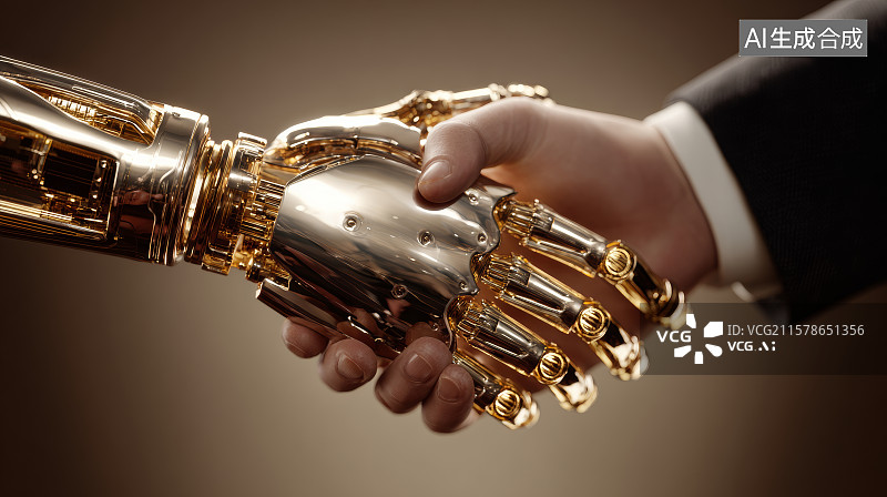 【AI数字艺术】人与金属手机械手的温暖握手瞬间图片素材