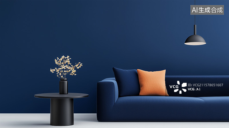 【AI数字艺术】现代极简客厅设计蓝色背景图片壁纸图片素材