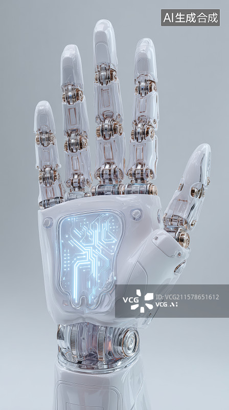 【AI数字艺术】透明仿生手掌展示内部电子元件图片素材