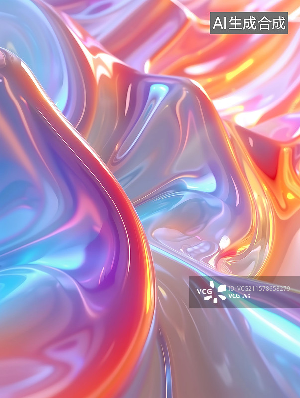 【AI数字艺术】３D渲染液态流体渐变酸性风金属箔镭射背景，全息背景，暖色布料镭射背景图片素材