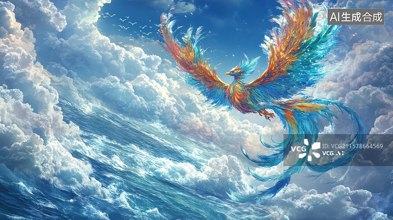 【AI数字艺术】​​神鸟凤凰翱翔天际神话图​​图片素材