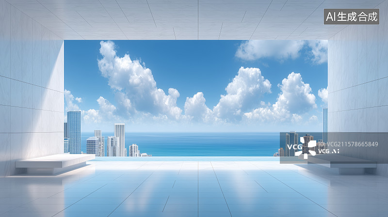 【AI数字艺术】现代建筑露台与蓝天白云图片素材