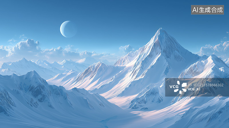 【AI数字艺术】雪山之巅皓月当空图片素材