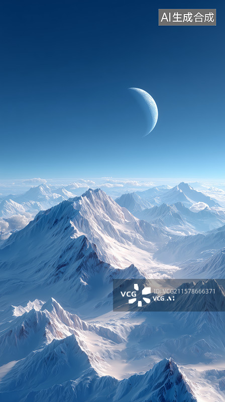 【AI数字艺术】雪山之巅皓月当空图片素材