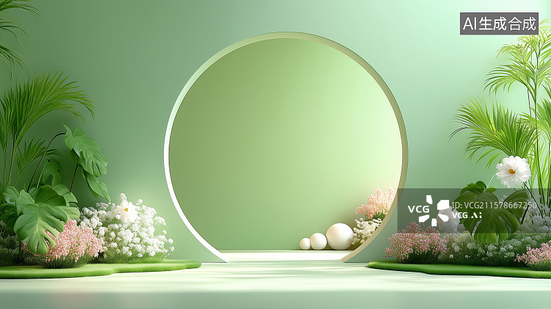 【AI数字艺术】绿色植物与圆形窗景图片素材