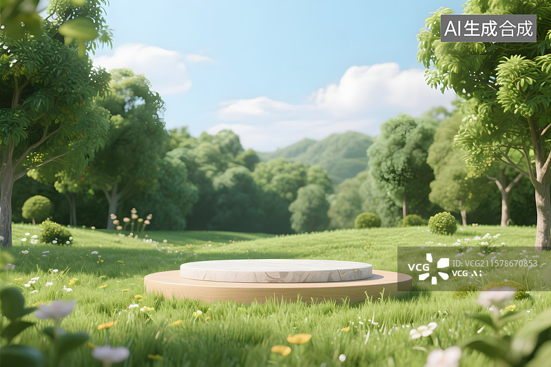 【AI数字艺术】大自然户外草地展示台场景 3D渲染图片素材
