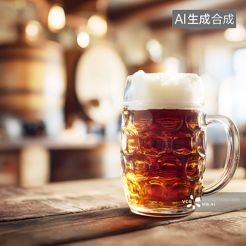 【AI数字艺术】AIGC：桌上的一杯扎啤 啤酒节海报设计背景图片素材