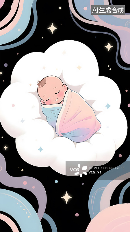 【AI数字艺术】躺在云朵里的婴儿插画图片素材
