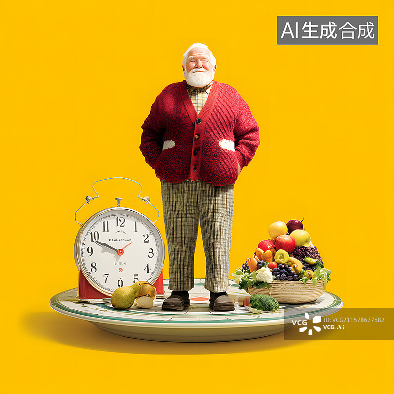 【AI数字艺术】老人与水果时钟组合图片素材