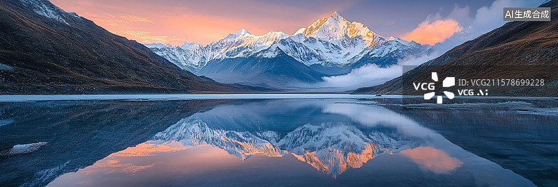 【AI数字艺术】冬季雪山湖泊倒影图片素材