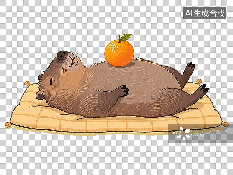 【AI数字艺术】治愈系手绘插画，卡通动物，水豚，卡皮巴拉躺平，休息，睡觉的水豚，秋天，冬天，免抠元素图片素材