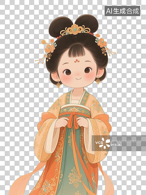 【AI数字艺术】国风手绘人物插画，Q版，唐朝女子，穿汉服的女性，传统服装，古装汉服，仕女图，免抠元素图片素材