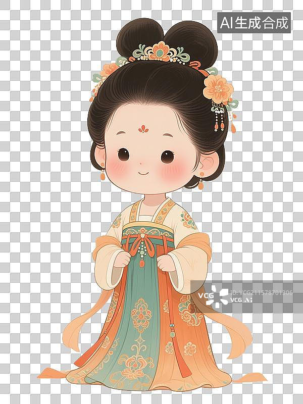 【AI数字艺术】国风手绘人物插画，Q版，唐朝女子，穿汉服的女性，传统服装，古装汉服，仕女图，免抠元素图片素材