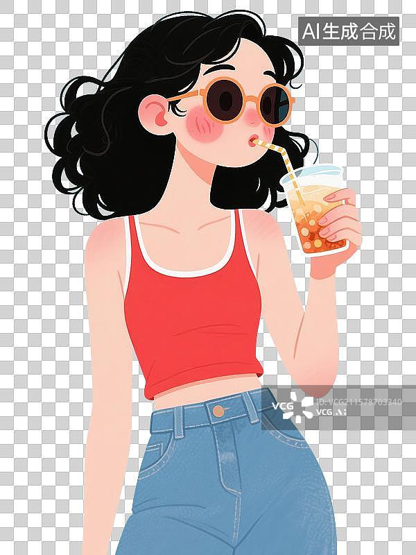 【AI数字艺术】手绘漫画，卡通人物，夏天戴着墨镜喝冷饮的美女，免抠元素图片素材
