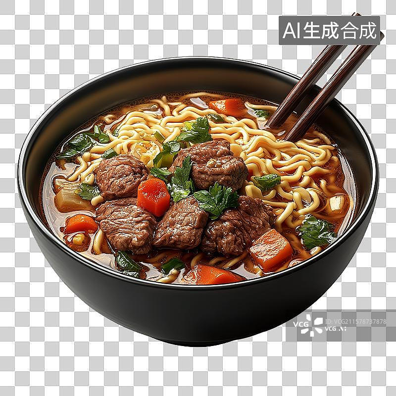 【AI数字艺术】牛肉面碗装，配以蔬菜和汤汁图片素材