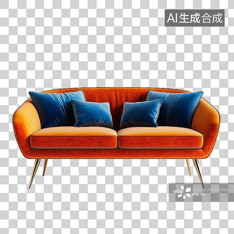 【AI数字艺术】橙色天鹅绒沙发配蓝色靠垫图片素材