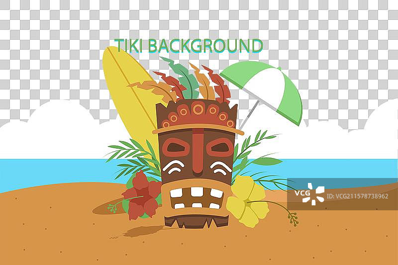 海滩上的提基面具背景与花朵图片素材