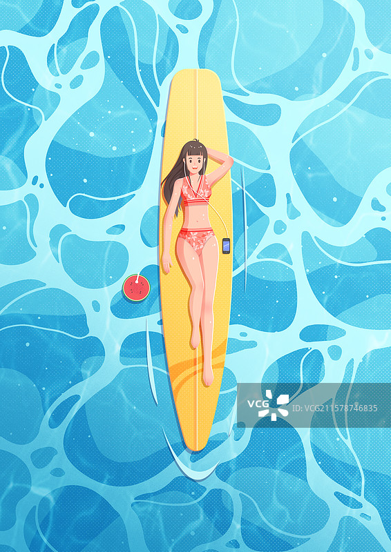 卡通水上桨板日光浴泳装女孩装饰插画图片素材