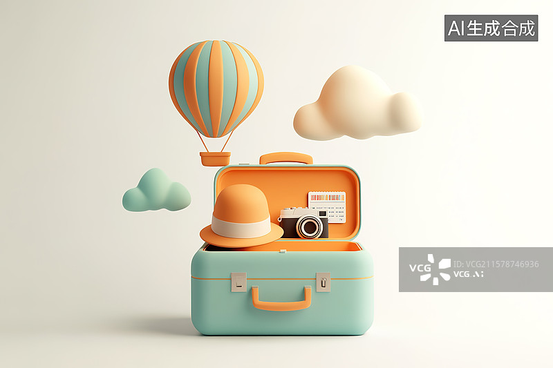 【AI数字艺术】3D卡通风格旅行箱热气球旅行概念插画图片素材