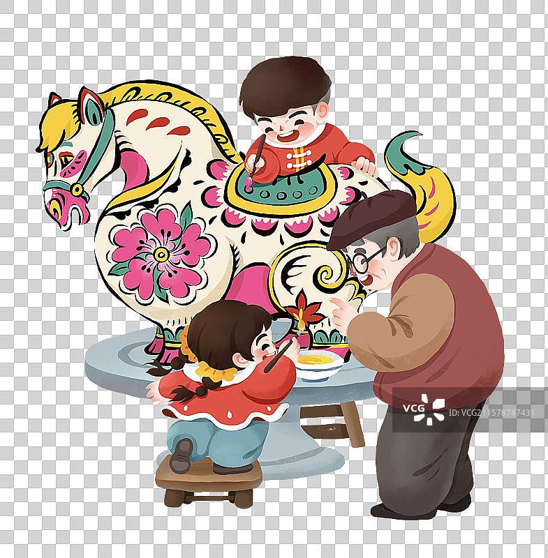 春节年俗非遗文化插画元素爷爷传授泥塑马手工技艺图片素材