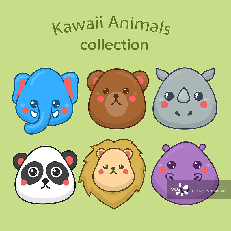 一组手绘的可爱野生动物面孔图片素材