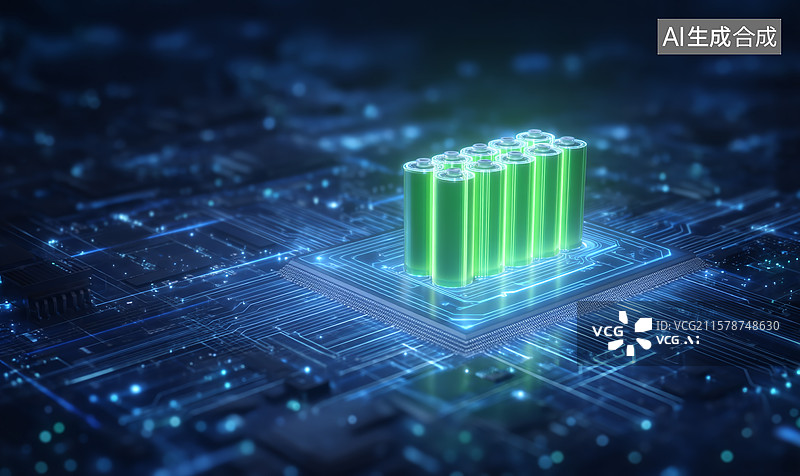 【AI数字艺术】绿色能源电池立于电路主板，智能元件环绕，展现未来硬件科技的创新能源运算核心场景 。图片素材