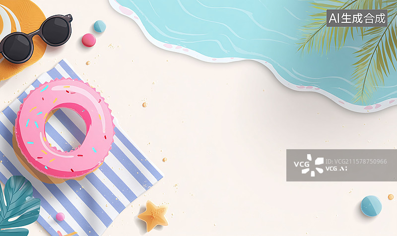 【AI数字艺术】海滩插画呈现粉色泳圈、墨镜等元素，搭配海浪、沙滩，打造夏日欢乐度假的清新童趣艺术视觉场景图片素材