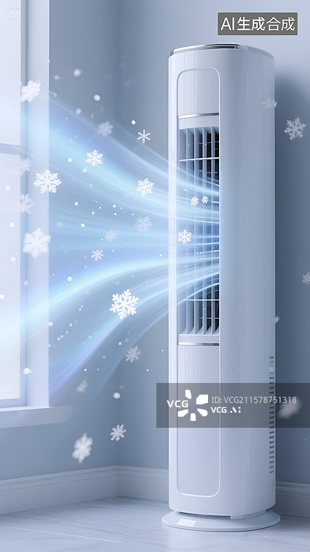 【AI数字艺术】白色立式空调吹出冷气的室内场景图片素材