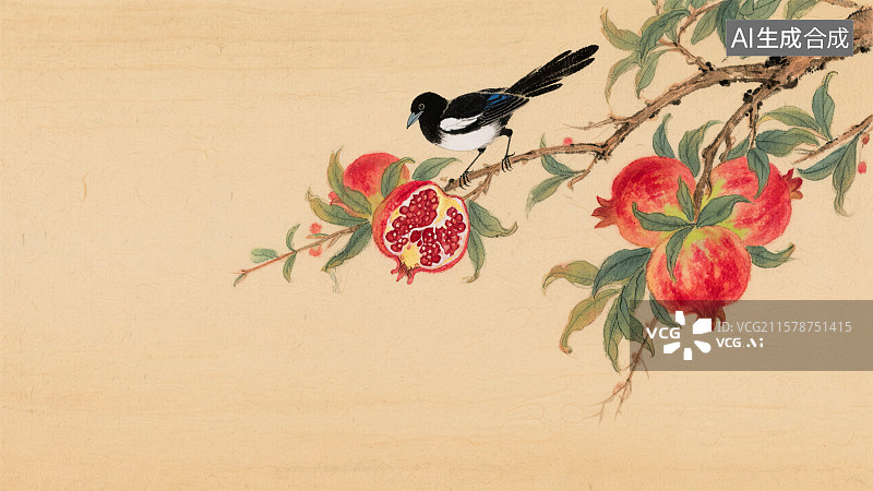 【AI数字艺术】中国风，工笔画，石榴，喜鹊，插画图片素材