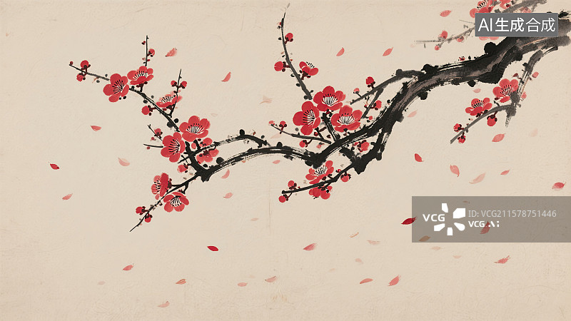 【AI数字艺术】梅花，中国画，花，枝，插画图片素材