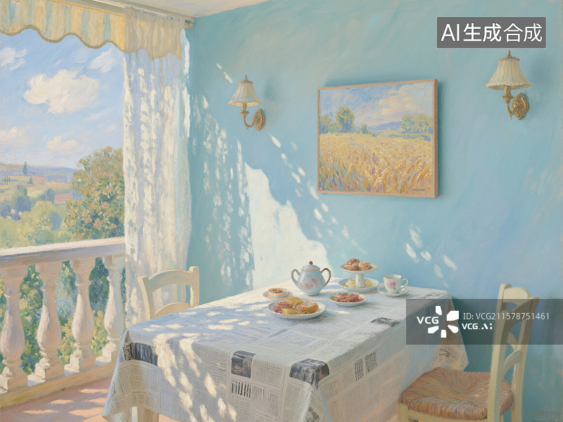 【AI数字艺术】餐桌上的食物和饮料油画风格插画图片素材