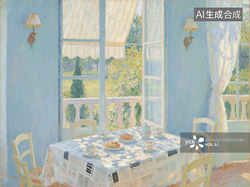 【AI数字艺术】餐桌上的食物和饮料油画风格插画图片素材