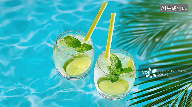 【AI数字艺术】泳池边的柠檬水冷饮图片素材