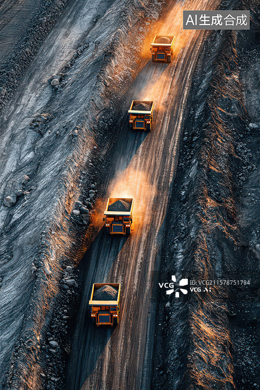 【AI数字艺术】矿山夜晚运输车辆灯光图图片素材