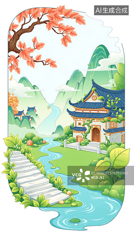 【AI数字艺术】秋景静谧的山中小院插画图片素材