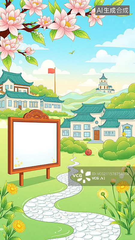 【AI数字艺术】春季桃花盛开的校园插画图片素材