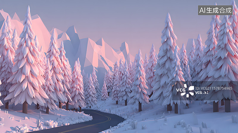 【AI数字艺术】粉雪山林路景图图片素材