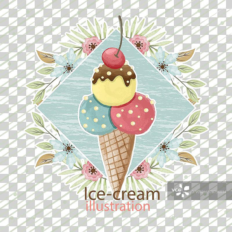 水彩背景与冰淇淋和花卉图片素材