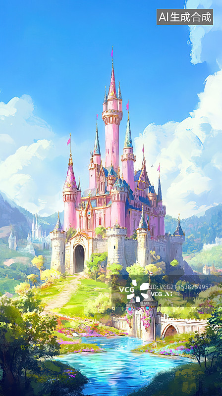 【AI数字艺术】绿色山丘上的粉色梦幻童话城堡卡通手绘背景插画图片素材