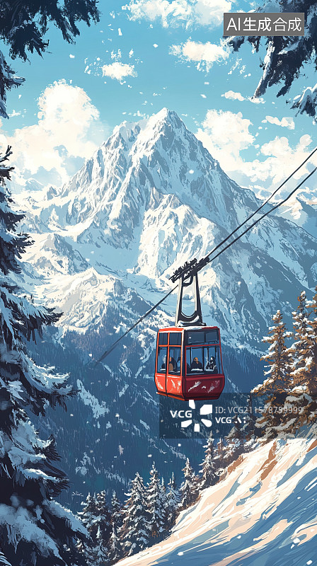 【AI数字艺术】冬天雪山松树积雪缆车卡通手绘背景插画图片素材