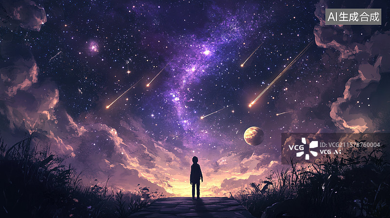 【AI数字艺术】梦幻宇宙星空流星紫色星云卡通手绘背景插画图片素材