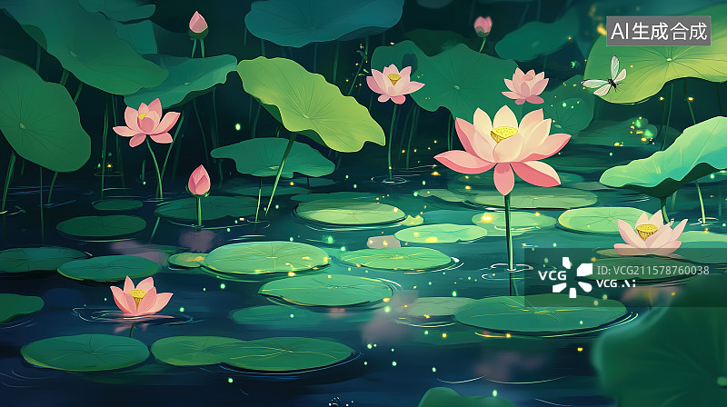 【AI数字艺术】夏天荷塘荷花荷叶蜻蜓国风卡通手绘背景插画图片素材