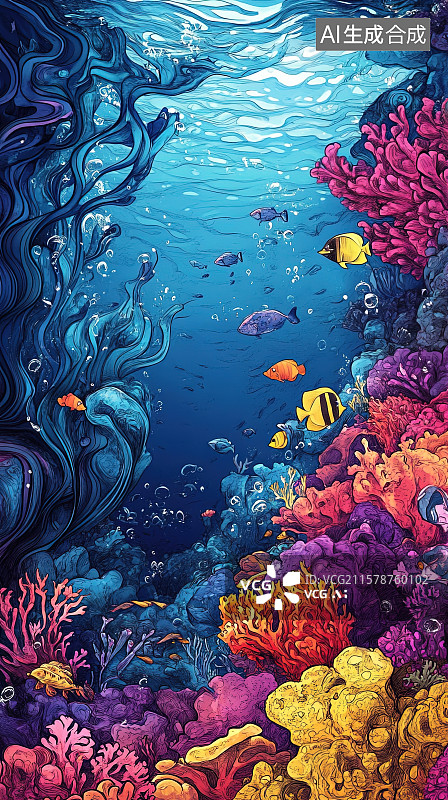 【AI数字艺术】海底世界五彩珊瑚礁热带鱼卡通手绘背景插画图片素材