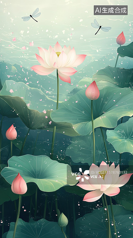 【AI数字艺术】夏天荷塘荷花荷叶蜻蜓国风卡通手绘背景插画图片素材